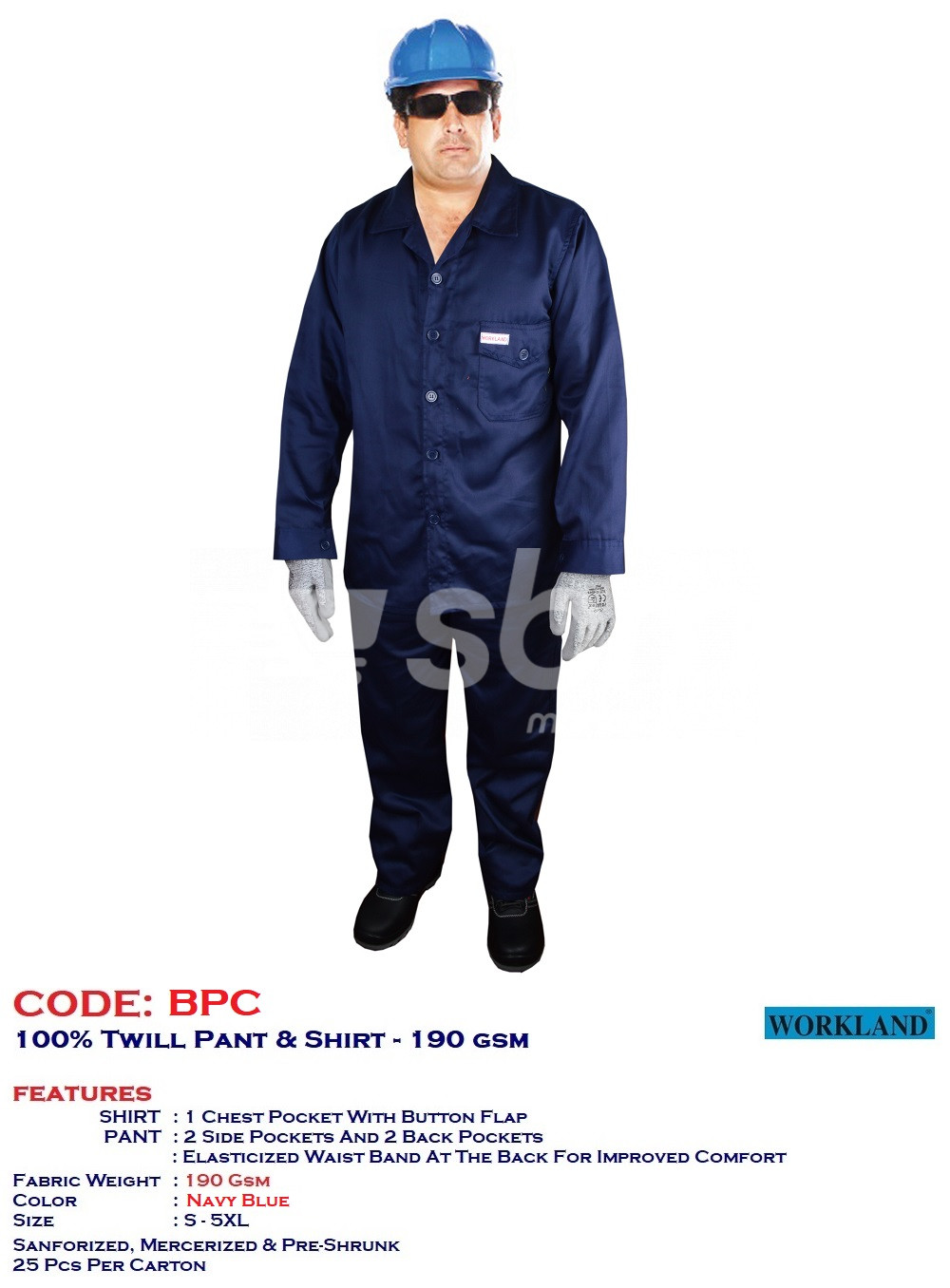 WorkLand, 100% Twill Pant Shirt, Navy Blue Color